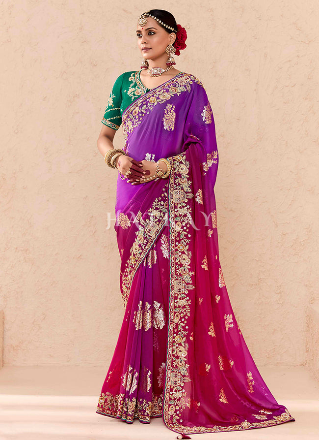 Purple Wine Ombre Embroidery Silk Saree