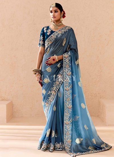 Blue Shaded Embroidery Silk Saree