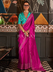 Magenta And Blue Silk Saree
