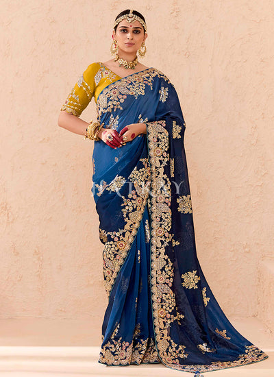 Blue Yellow Embroidery Silk Saree