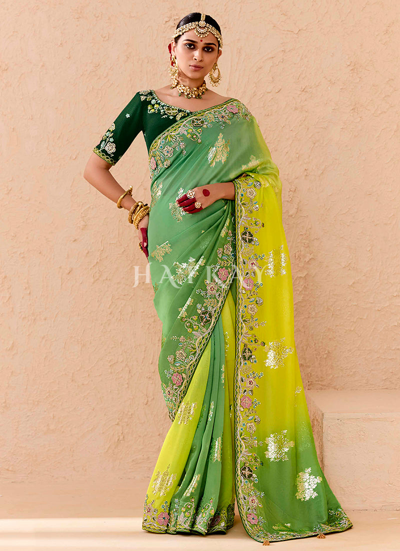 Green Yellow Ombre Embroidery Silk Saree