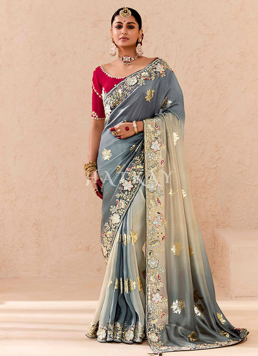 Grey And Red Embroidery Silk Saree
