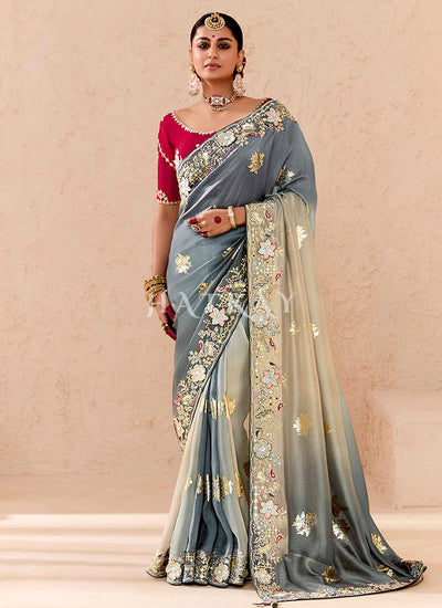 Grey And Red Embroidery Silk Saree