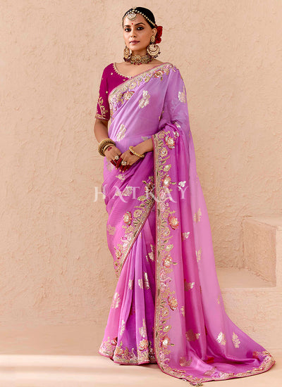 Purple Shaded Embroidery Silk Saree