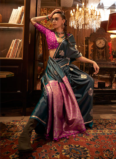 Green And Pink Zari Woven Satin Silk Saree