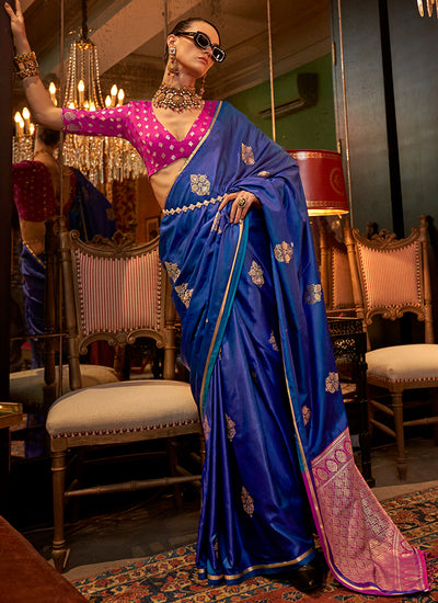 Blue And Pink Zari Woven Satin Silk Saree