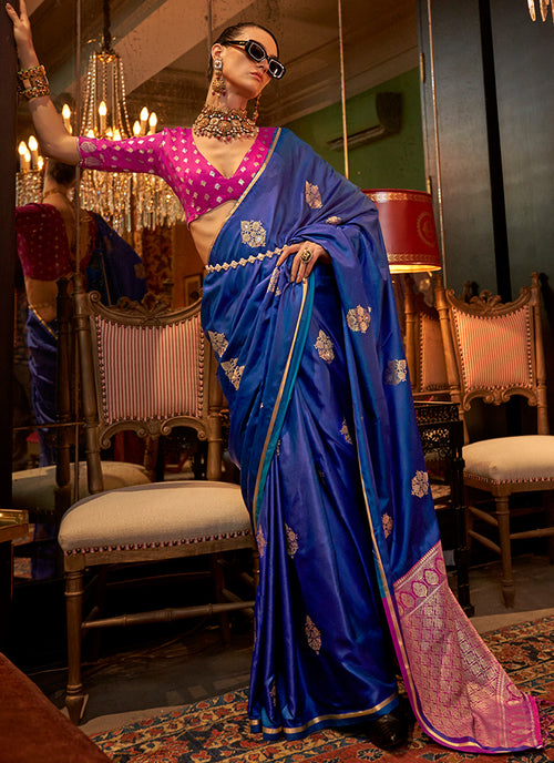 Blue And Pink Zari Woven Satin Silk Saree