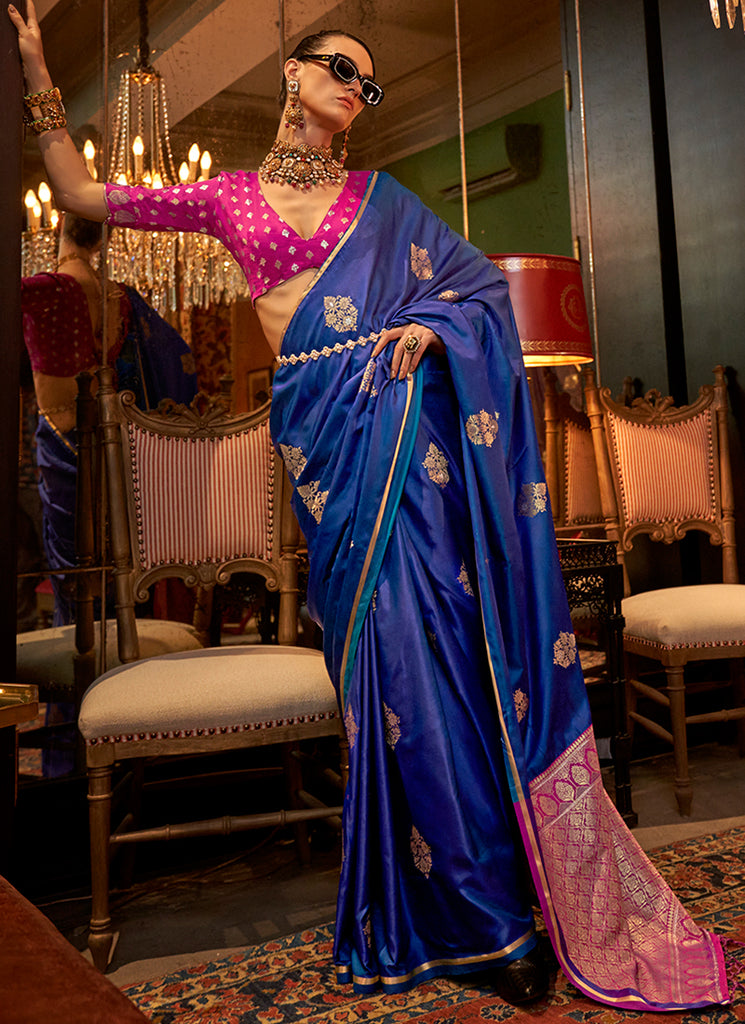 Blue And Pink Zari Woven Satin Silk Saree