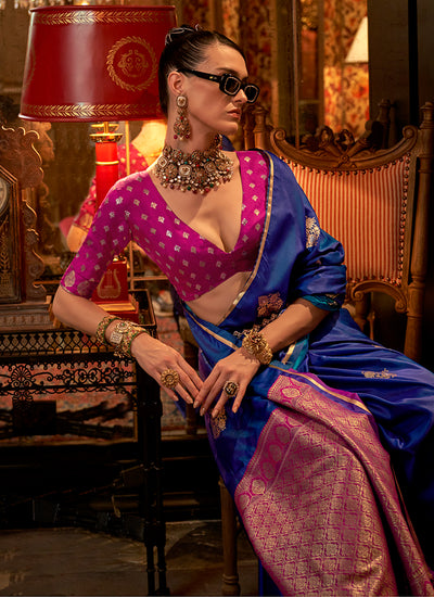 Blue And Pink Zari Woven Satin Silk Saree