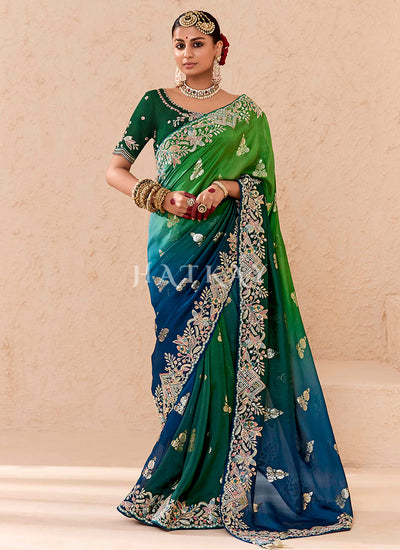 Green Blue Ombre Embroidery Silk Saree