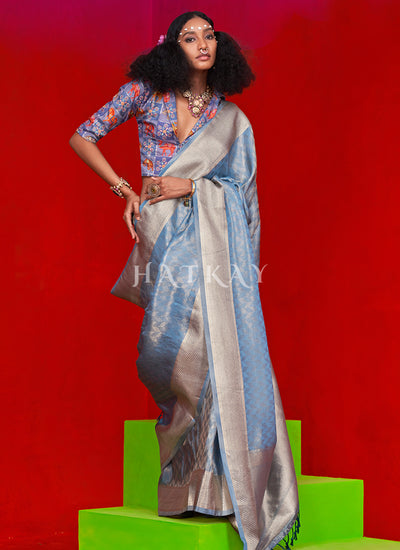 Blue Zari Brocade Tissue Silk Saree