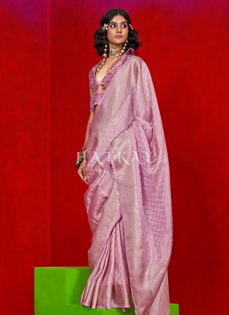 Lavender Zari Brocade Tissue Silk Saree