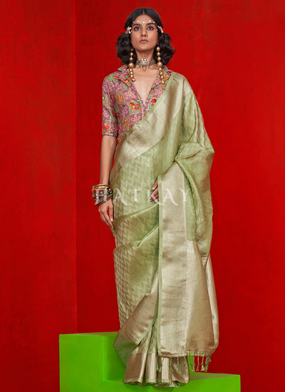 Green And Pink Zari Brocade Tissue Silk Saree

