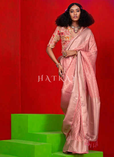 Light Pink Zari Brocade Tissue Silk Saree