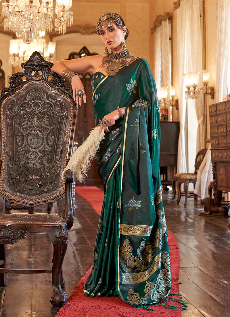 Dark Green Handloom Weaving Silk Saree