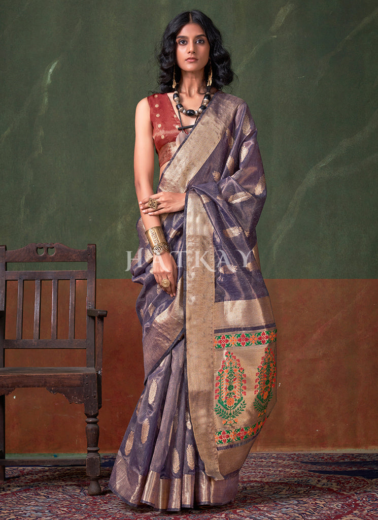 Purple And Red Zari Brocade Woven Handloom Silk Saree