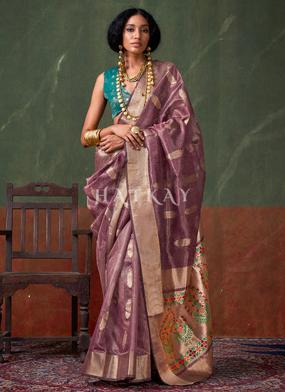 Purple And Teal Zari Brocade Woven Handloom Silk Saree
