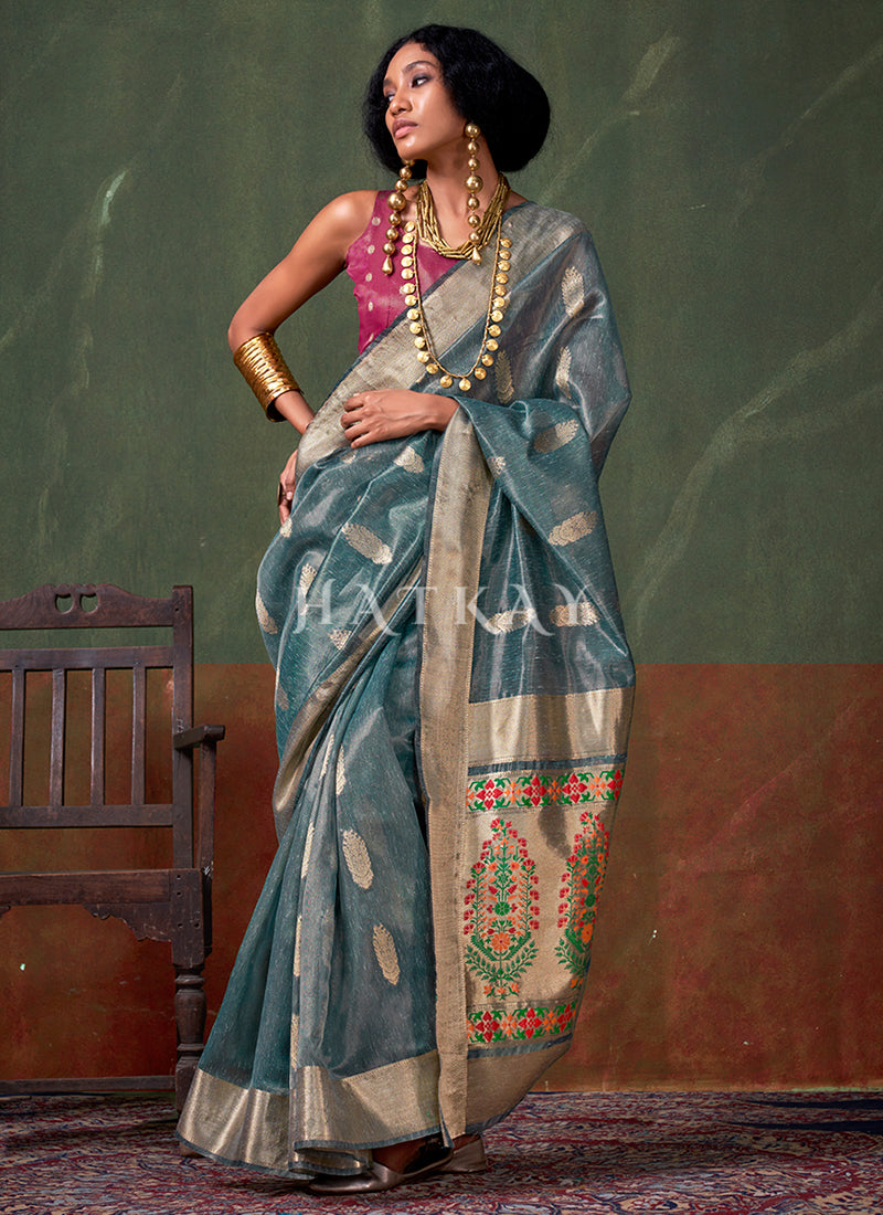 Blue And Pink Zari Brocade Woven Handloom Silk Saree
