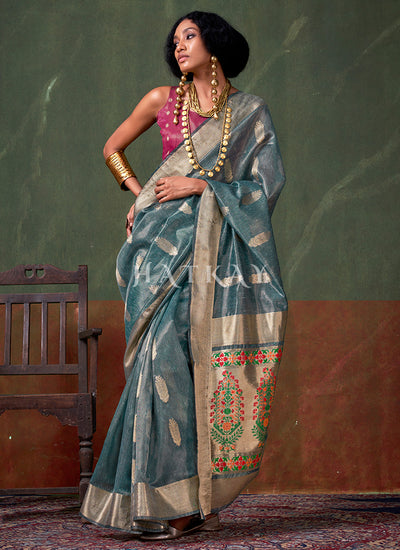 Blue And Pink Zari Brocade Woven Handloom Silk Saree