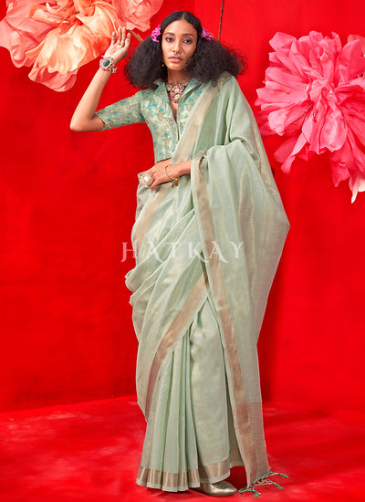 Light Green Floral Printed Handloom Silk Saree