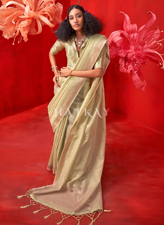 Pista Green Floral Printed Handloom Silk Saree