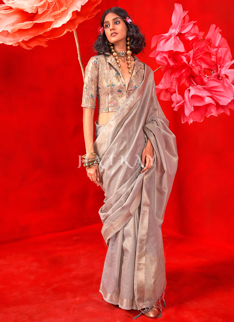 Grey Floral Printed Handloom Silk Saree