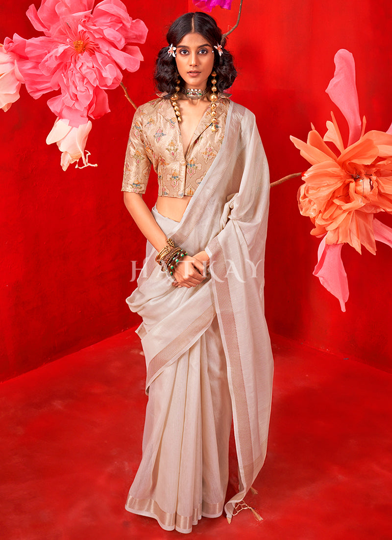 Light Beige Floral Printed Handloom Silk Saree