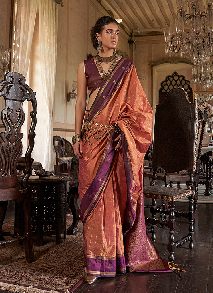 Peach and Wine Handloom Silk Saree