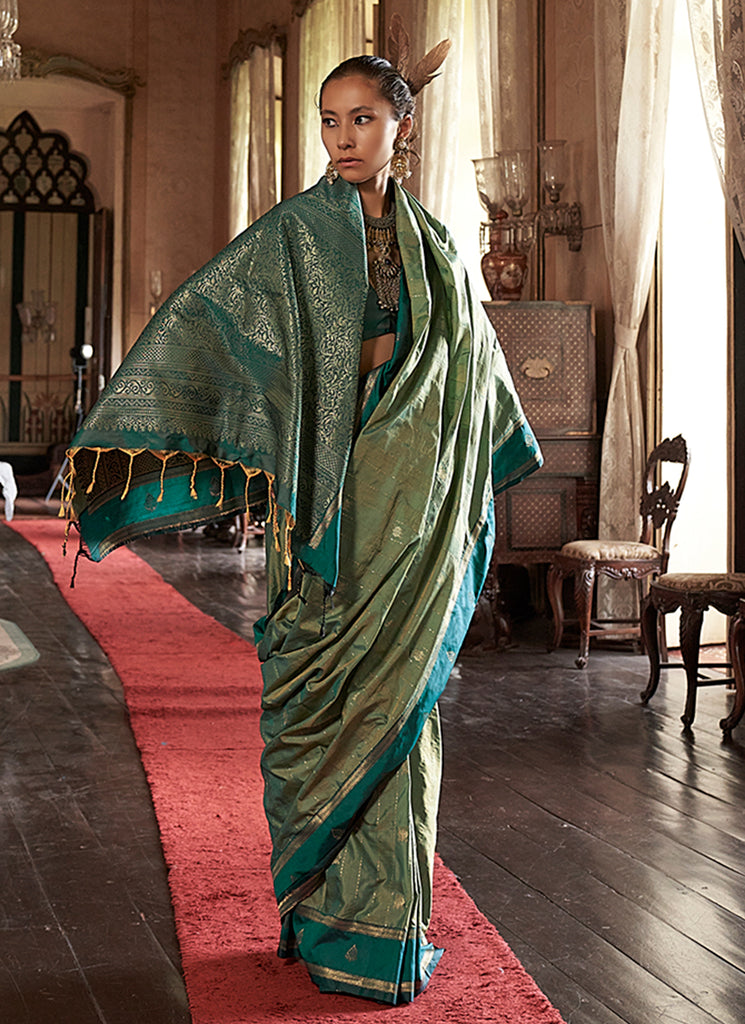 Turquoise and Green Handloom Silk Saree