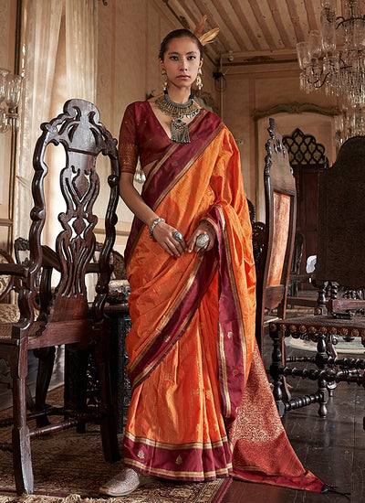 Orange and Red Handloom Silk Saree