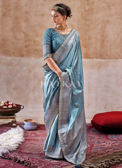Sky Blue Embroidered Satin Silk Saree