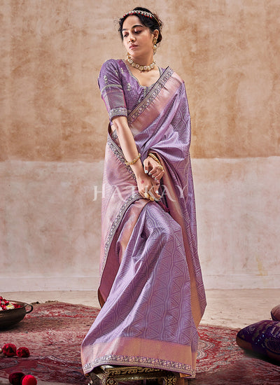 Lavender Embroidered Satin Silk Saree