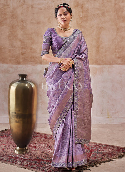 Purple Embroidered Satin Silk Saree