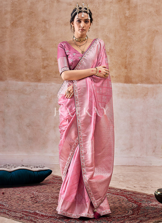 Light Pink Embroidered Satin Silk Saree