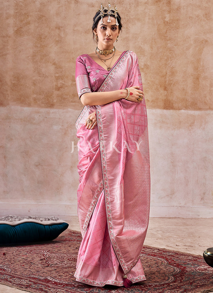 Light Pink Embroidered Satin Silk Saree