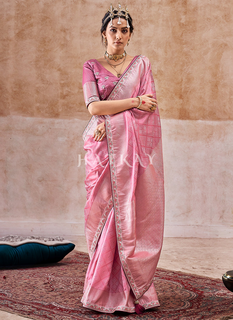 Light Pink Embroidered Satin Silk Saree