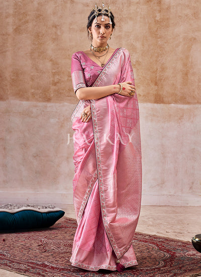Light Pink Embroidered Satin Silk Saree
