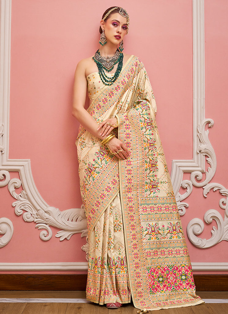 Cream Kashmiri Banarasi Silk Saree