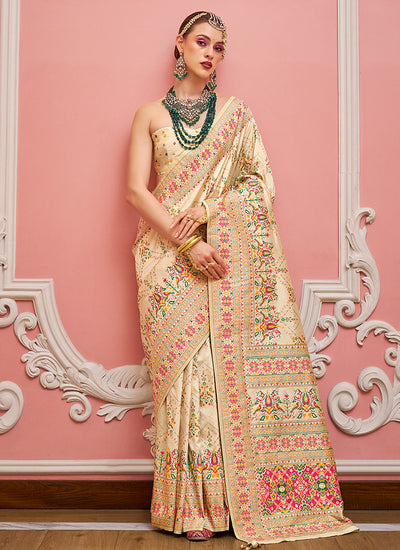 Cream Kashmiri Banarasi Silk Saree