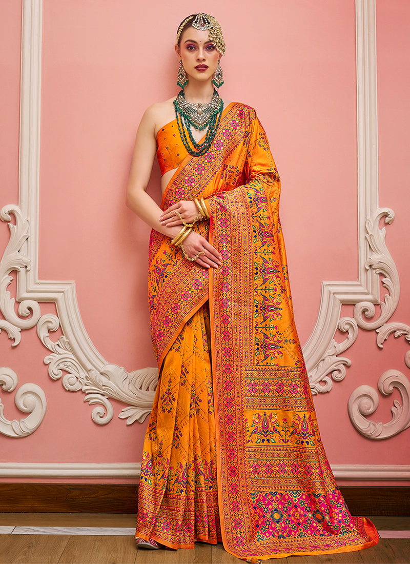 Yellow Kashmiri Banarasi Silk Saree