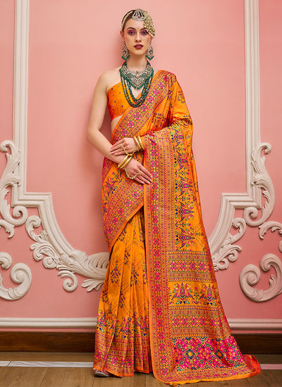 Yellow Kashmiri Banarasi Silk Saree