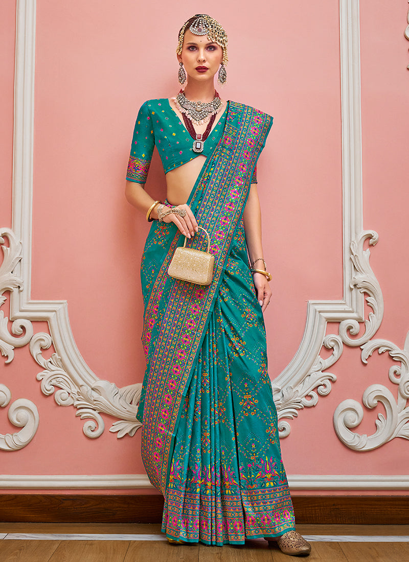 Teal Blue Kashmiri Banarasi Silk Saree