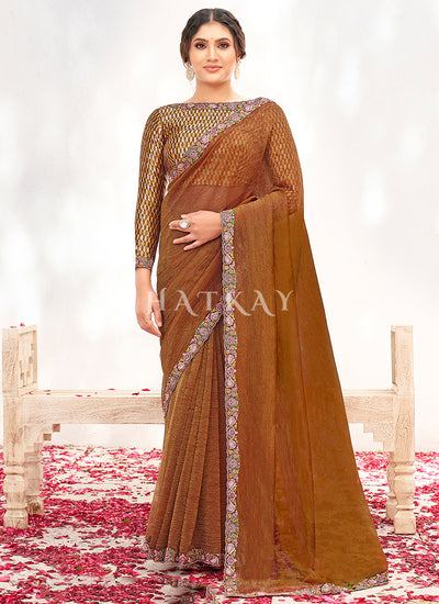 Rust Brown Embroidered Wedding Saree