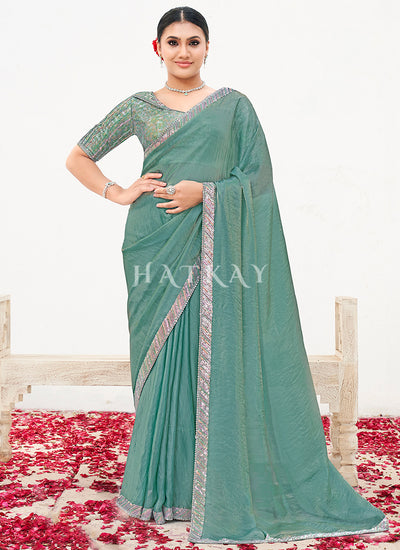 Teal Blue Embroidered Wedding Saree