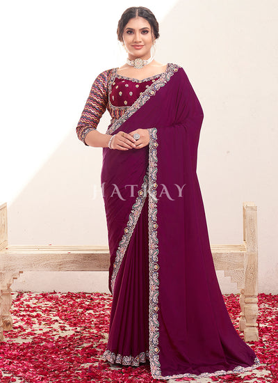 Deep Wine Embroidered Wedding Saree