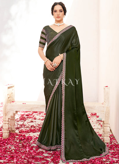 Olive Green Embroidered Wedding Saree