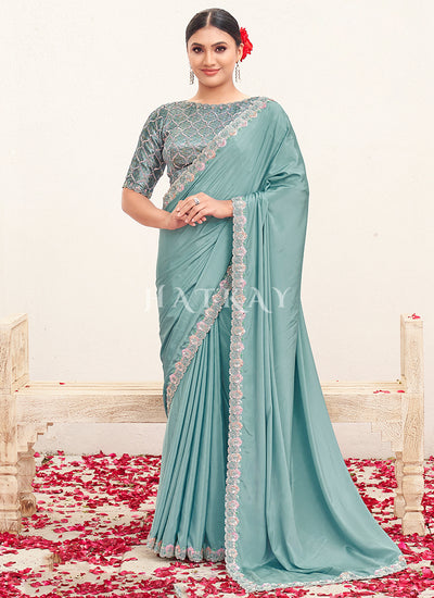 Sky Blue Embroidered Wedding Saree