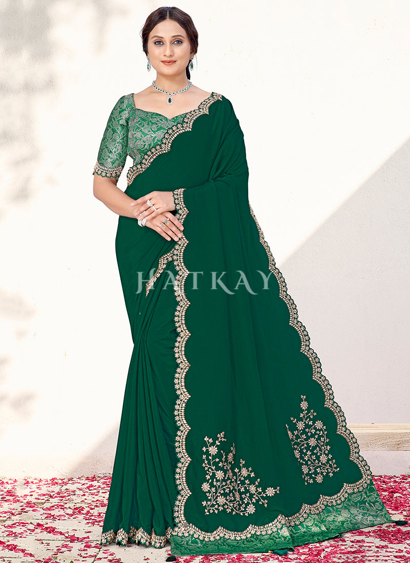 Dark Green Embroidered Wedding Saree