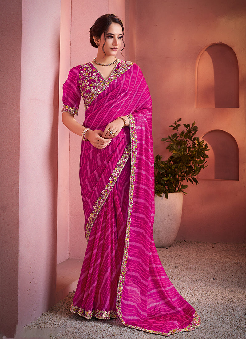 Magenta Pink Embroidery Satin Silk Saree