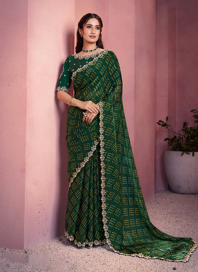 Dark Green Embroidery Satin Silk Saree